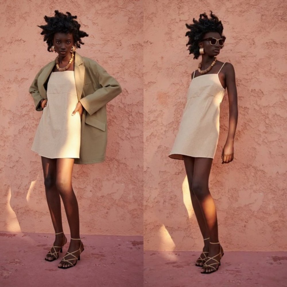Zara STRIPED MINI DRESS BEIGE